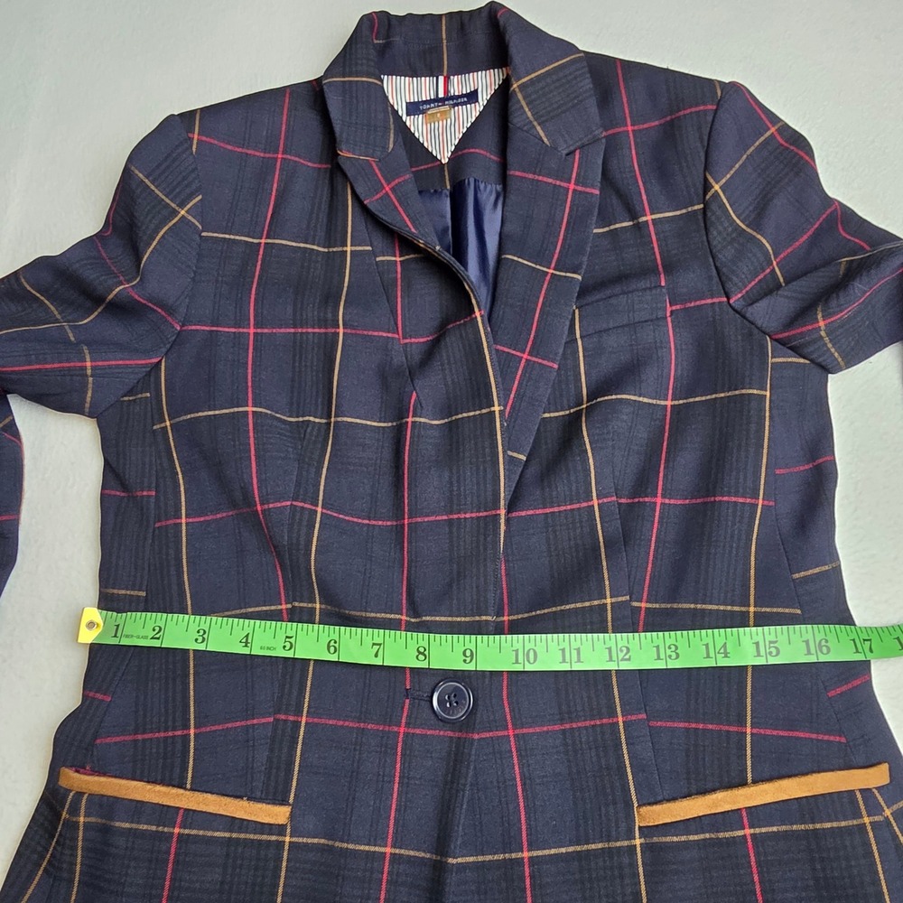 Tommy Hilfiger Navy Blue Plaid Longline Blazer Elbow Patches Womens Size 2 - Picture 8 of 10